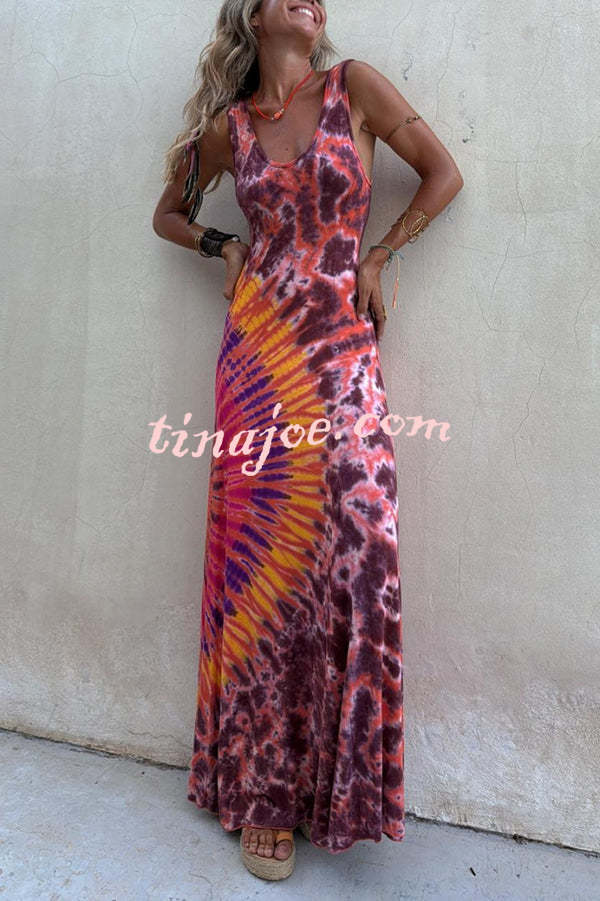 Boho Happiness Tie-dye Print Back Lace-up Stretch Maxi Dress