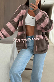 Fashionable Patchwork Striped Casual Pocket Knitted Sweater