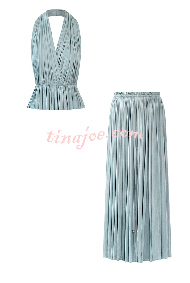 Pure Lightness Chiffon Pleated Halter Backless Top and Elastic Waist A-line Maxi Skirt Set