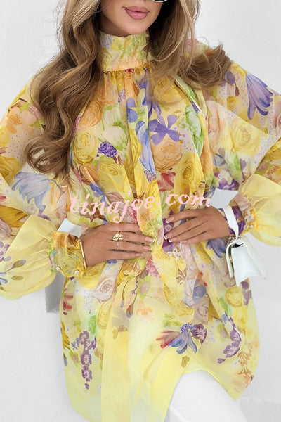 Chiffon Floral Print Turtleneck Long Sleeve Loose Top