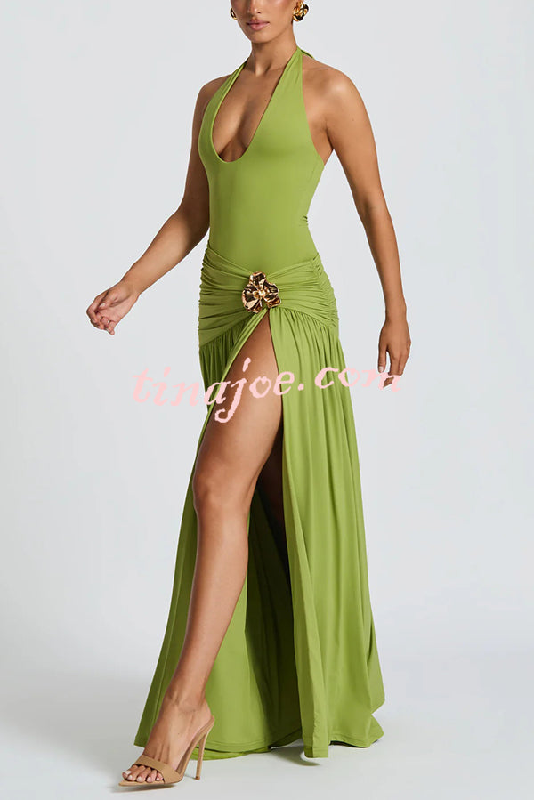Solid Color Halter Neck Backless Slim Fit Pleated Slit Maxi Dress