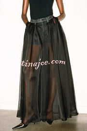 Avant-garde Fashion Denim Flowing Organza Patchwork Pocketed Wide Leg Jeans