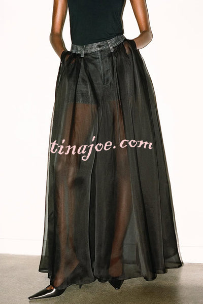 Avant-garde Fashion Denim Flowing Organza Patchwork Pocketed Wide Leg Jeans