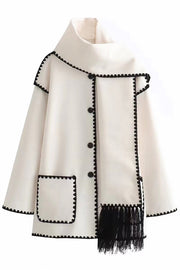 Stylish Loose Pocket Long Sleeve Coat and Warm Fringed Scarf