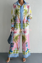 Holiday Style Print Loose Long Sleeve Shirt and Elastic Waist Loose Pocket Wide Leg Pants Set
