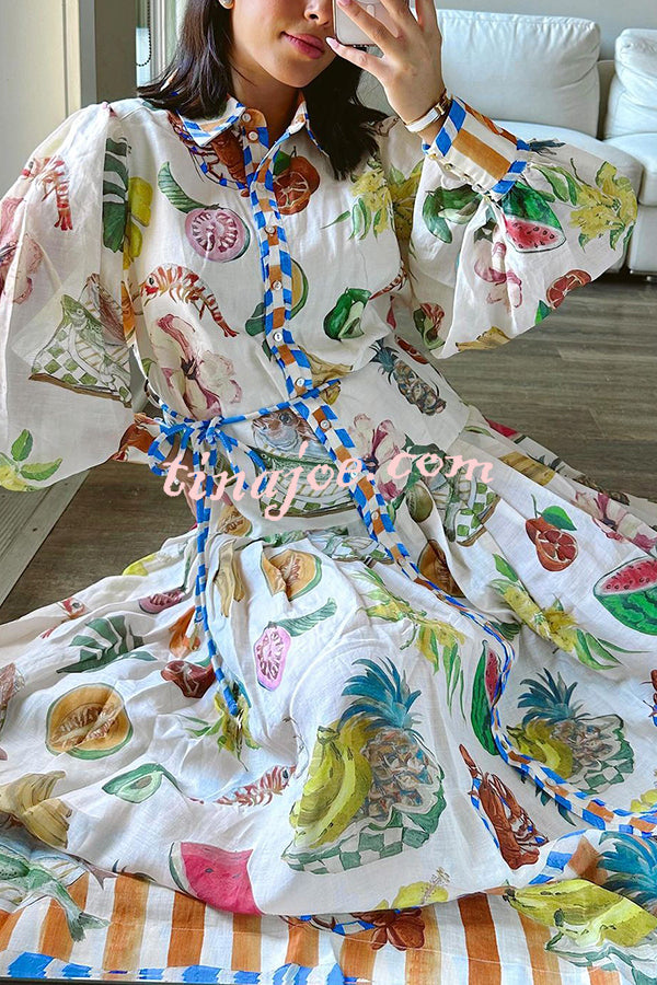 Hopeful Moments Tropical Fruit Print Balloon Sleeve Patchwork Shirt Midi Dress