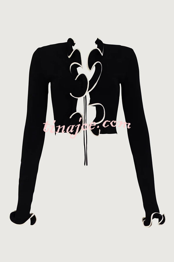 Fashion Ruffled Long-sleeved Tie-cropped Knitted Cardigan