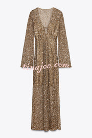 Fashion Sequined Hollow V-neck Long-sleeved Holiday Midi Dress