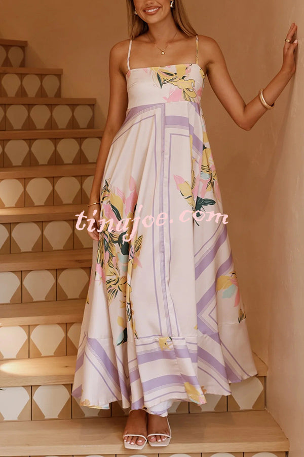 Botanical Print Square Neck Suspender Casual Full Hem Maxi Dress