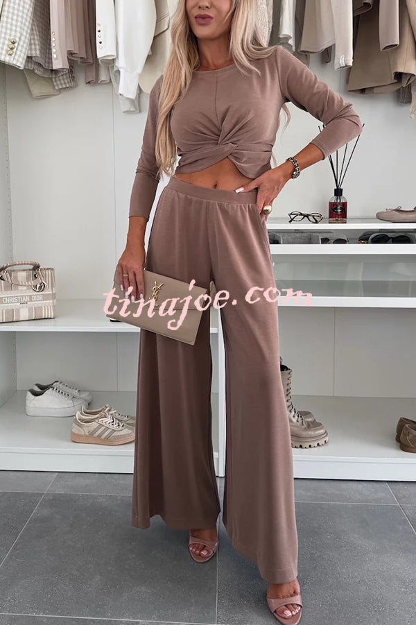 Solid Color Round Neck Long Sleeve Twist Crop Top and Elastic Waist Pocket Wide Leg Pants Set