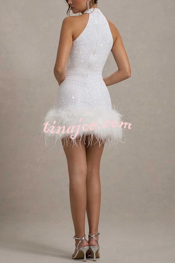 Dazzling and Playful Sequin High Neck Feather Trim Stretch Mini Dress