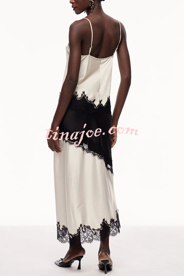 Party Focus Contrast Color Satin Lace Trim Elastic Waist Front Slit Maxi Skirt