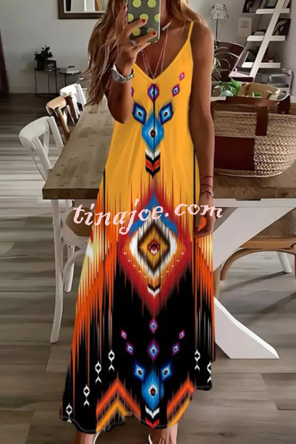 Unique Printed Suspender V-neck Loose Maxi Dress