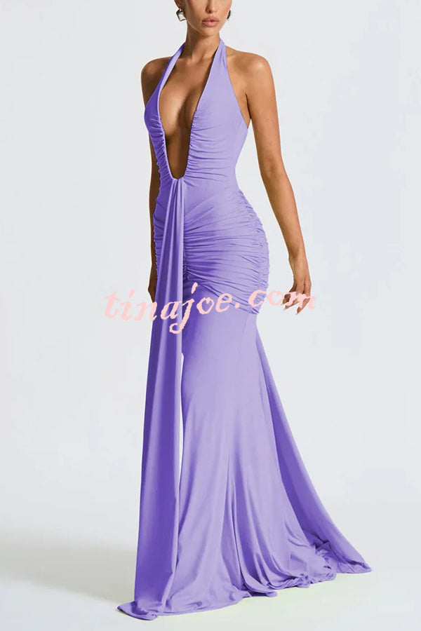 Solid Color Elegant Halterneck V-neck Open Back Tie Gathered Maxi Dress