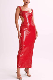 Eye Catching Sequin Cutout Waist Wide Strap Bacakless Maxi Dress