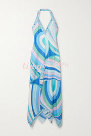 Lizah Satin Unique Print Halter Irregular Hem Draped Maxi Dress