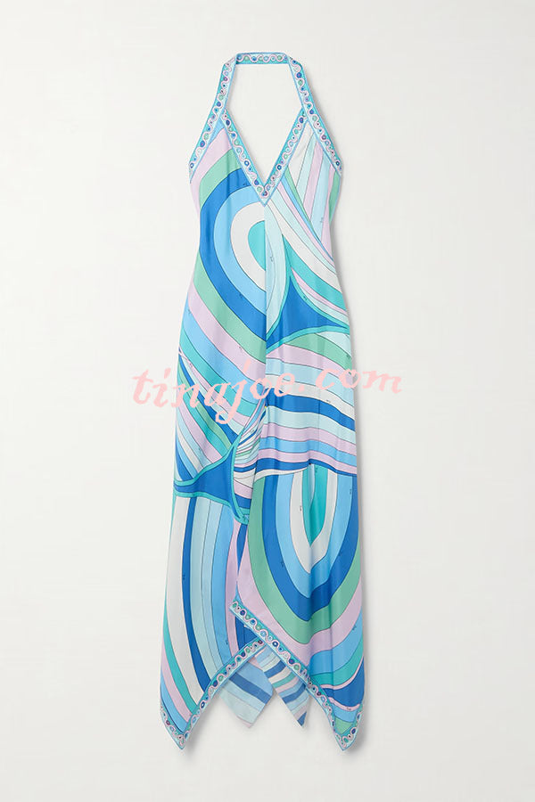 Lizah Satin Unique Print Halter Irregular Hem Draped Maxi Dress