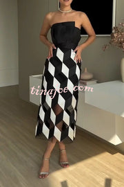 Sexy Tube Top and Backless Rhombus Contrast Midi Dress