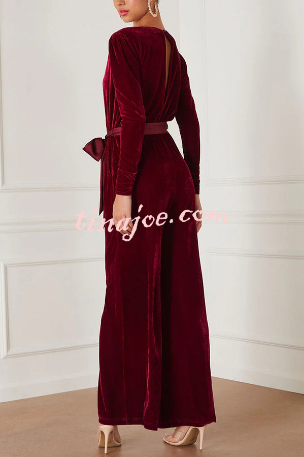 Love One Another Velvet Bow Belted Pocket Cutout Back Loose Jumpsuit