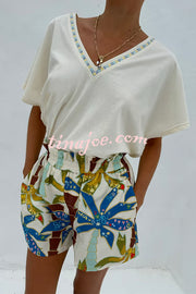 Linen Blend Resort Coconut Palm Print Long Sleeve Lapel Shirt and Elastic Waist Casual Pocket Shorts Set