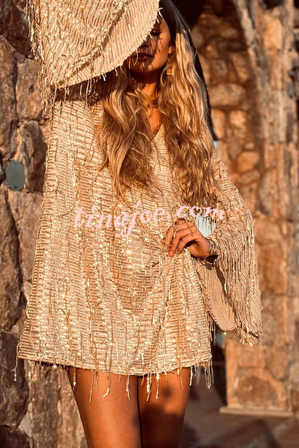 Flowing Shimmer Sequin Tassel Fabric Bell Sleeve Back Tie-up Loose Mini Dress