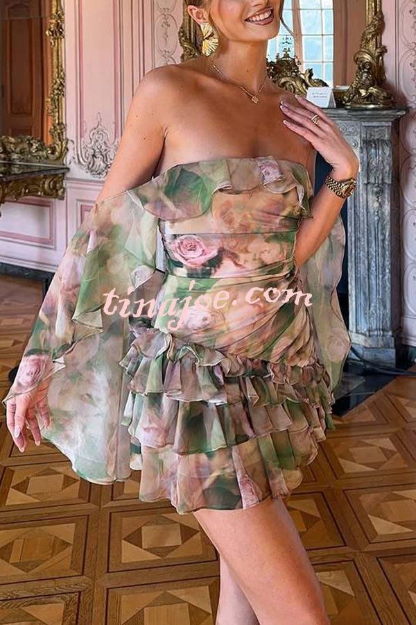 Chiffon Floral Print Elegant Multi-Layered Ruffle Mini Dress