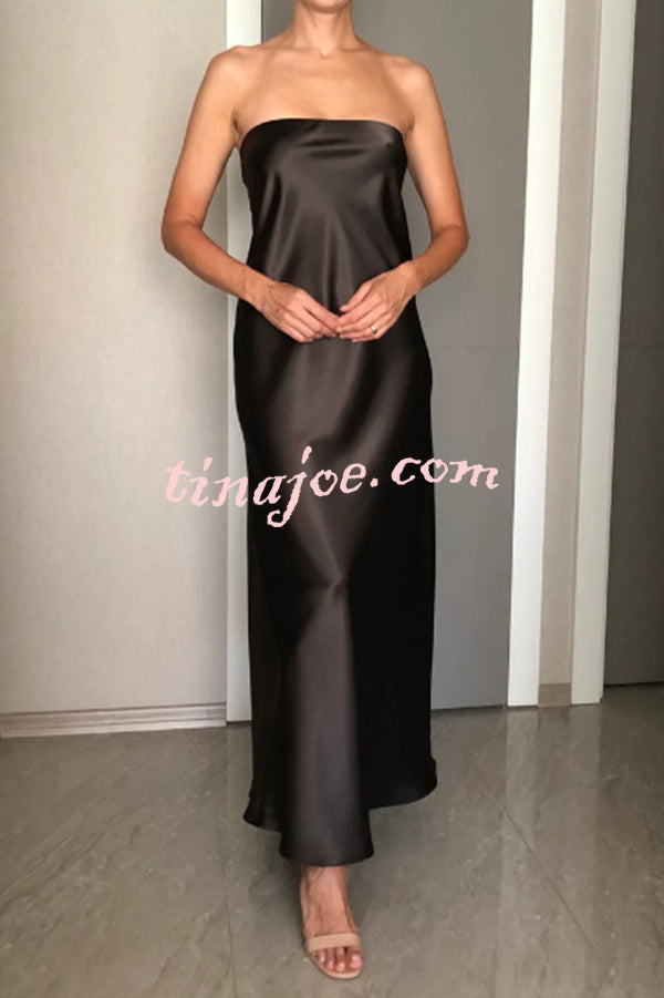 Satin Solid Color Elegant Strapless Slim Maxi Dress