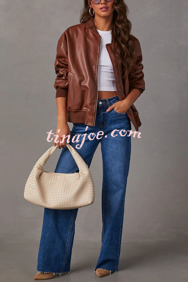 Solid Color Long Sleeve Loose Pocket Leather Jacket