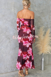 Floral Fantasy Mesh Off Shoulder Long Sleeve Stretch Maxi Dress