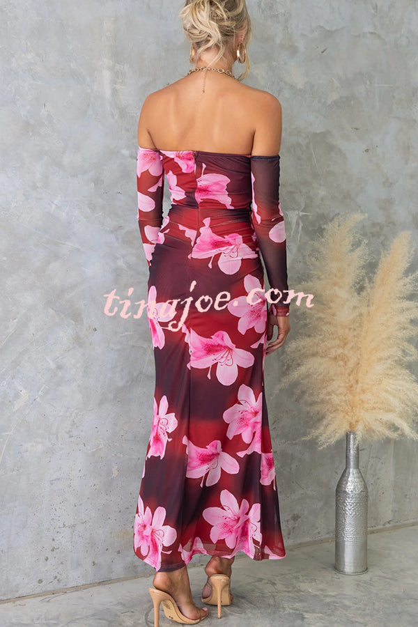 Floral Fantasy Mesh Off Shoulder Long Sleeve Stretch Maxi Dress