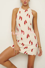 Spicy Summer Chili Pepper Unique Print Soft Fabric Halter Loose Mini Dress