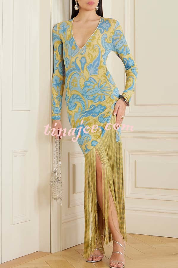 Golden Age Knit Paisley Print Long Sleeve Tassle Hem Maxi Dress
