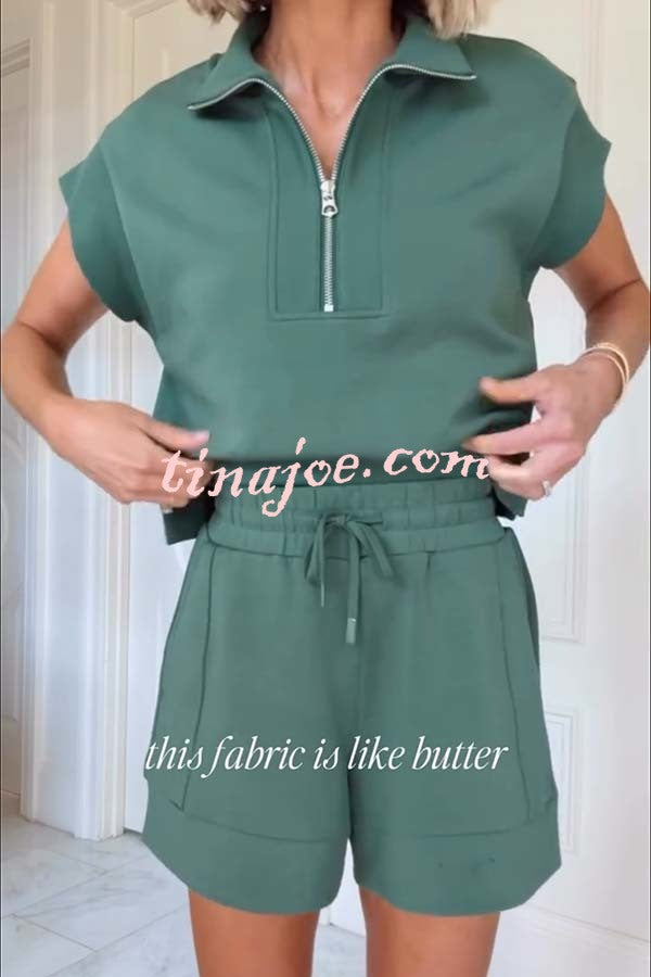 Buttery Touch Half-Zip Short Sleeve Sweatshirt and Elastic Waist Pocket Casual Shorts Set