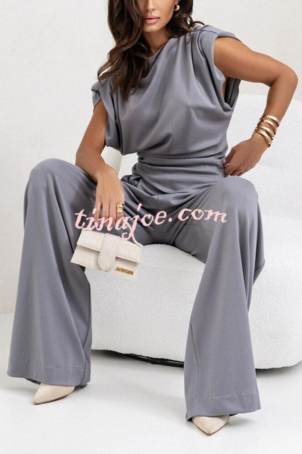 Jordy Ruched Shoulder Slit Top and Elastic Waist Pocketed Wide Leg Pants Set