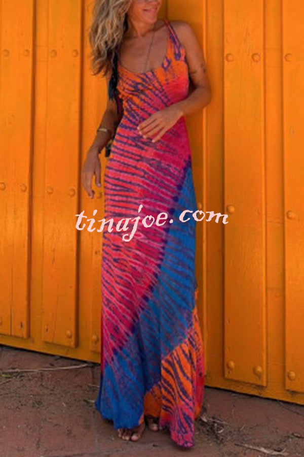 La Bamba Tie-dye Print Back Lace-up Stretch Maxi Dress