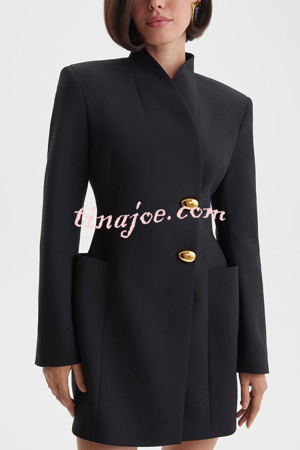 Kayleen Stand V-neck Decorative Metal Button Long Sleeve Pocket Blazer Mini Dress