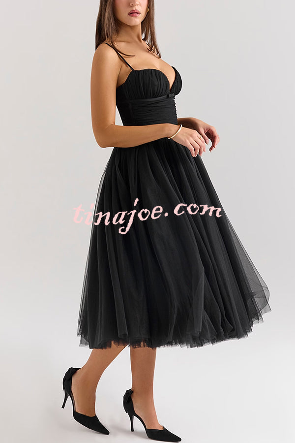 Royal Treatment Tulle Bows Detail Ruched Slip Midi Dress