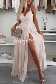 Solid Color Tulle Halter Back High Slit Maxi Dress