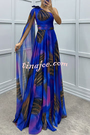 Lucia Unique Print Floral Detail One Shoulder Draped Sleeve Gown Maxi Dress