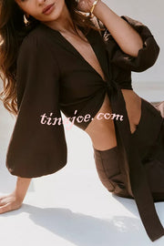 Lets Go Out Linen Blend Balloon Sleeve Wrap Tie-up Loose Top