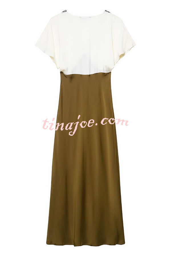 Fashionable Contrast Color V-neck Lace Stitching Maxi Dress