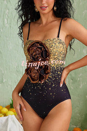 Ombre Sequin Print Metallic Fabric Flower Embellished Stretch One-piece Swimsuit