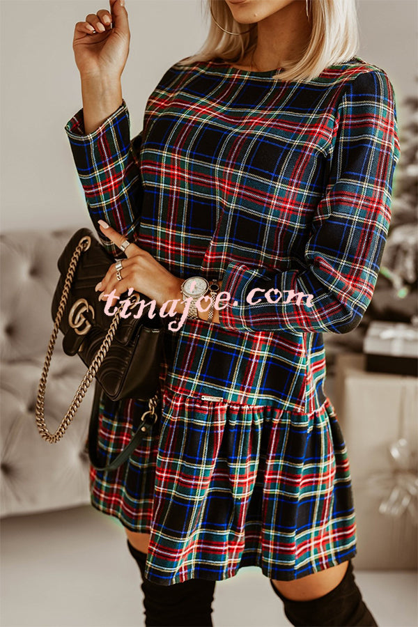 Fashionable Plaid Print Long Sleeve Round Neck Slim Fit Mini Dress