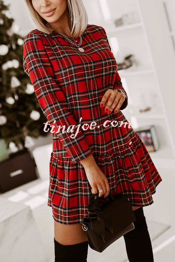 Fashionable Plaid Print Long Sleeve Round Neck Slim Fit Mini Dress