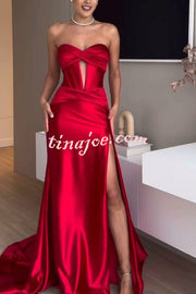 Emiliana Satin Twist Bust Cutout Corset Slit Prom Maxi Dress