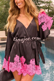 Joyful Bond Satin Lace Trim Contrast Color Bell Sleeve Tie-up Kimono Mini Dress
