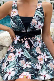 Cheerful Floral Print Bow Detail Tankini Swimsuit Set