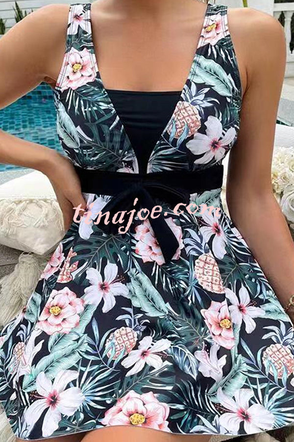 Cheerful Floral Print Bow Detail Tankini Swimsuit Set