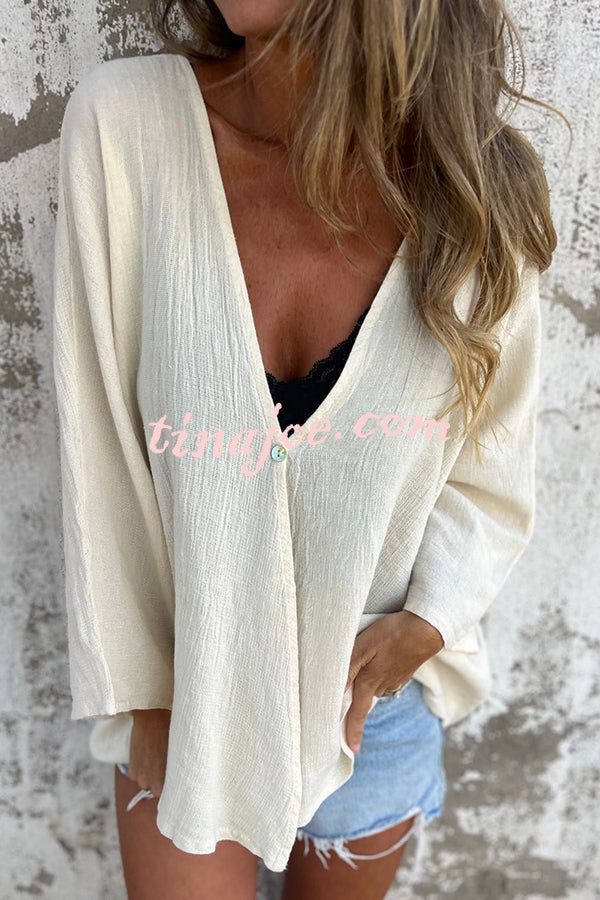 Solid Color V-neck Loose Long-sleeved Button Top