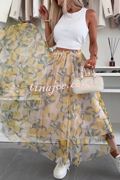 Summer Lemon Print Elastic Waist Tulle Holiday Midi Skirt